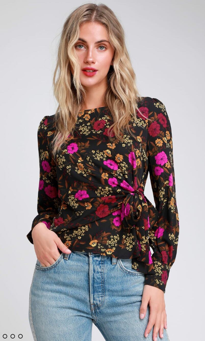 New! ASTR The Label Ariella Black Floral Bow Long Sleeve XS Top MSRP $98 Poetic